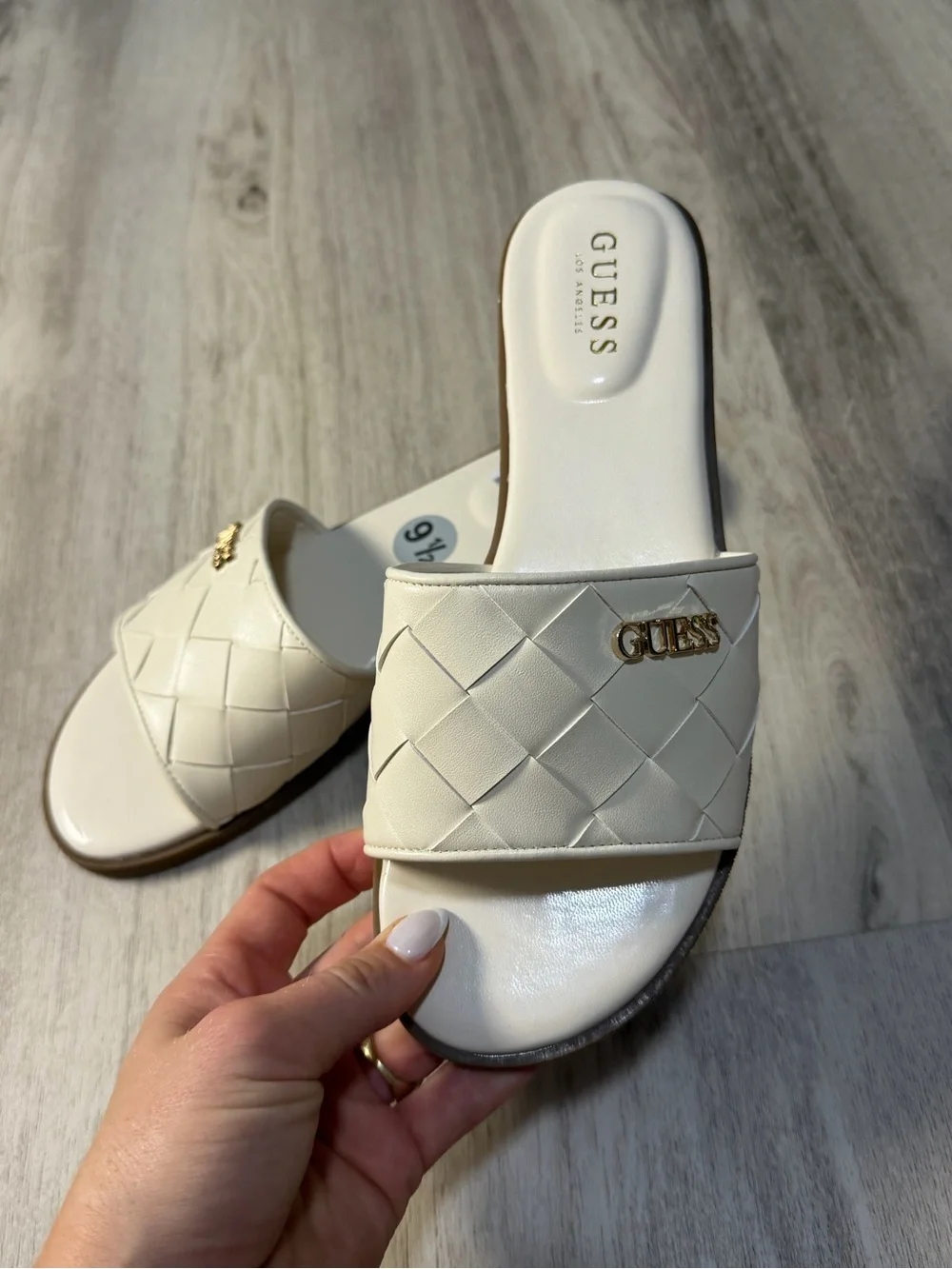 GUESS Cream Woven Slide Sandals with Gold Logo